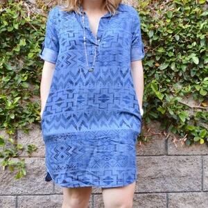 Philosophy Blue Chambray Lightweight Denim Geometric Print Shirt Dress, Sz M